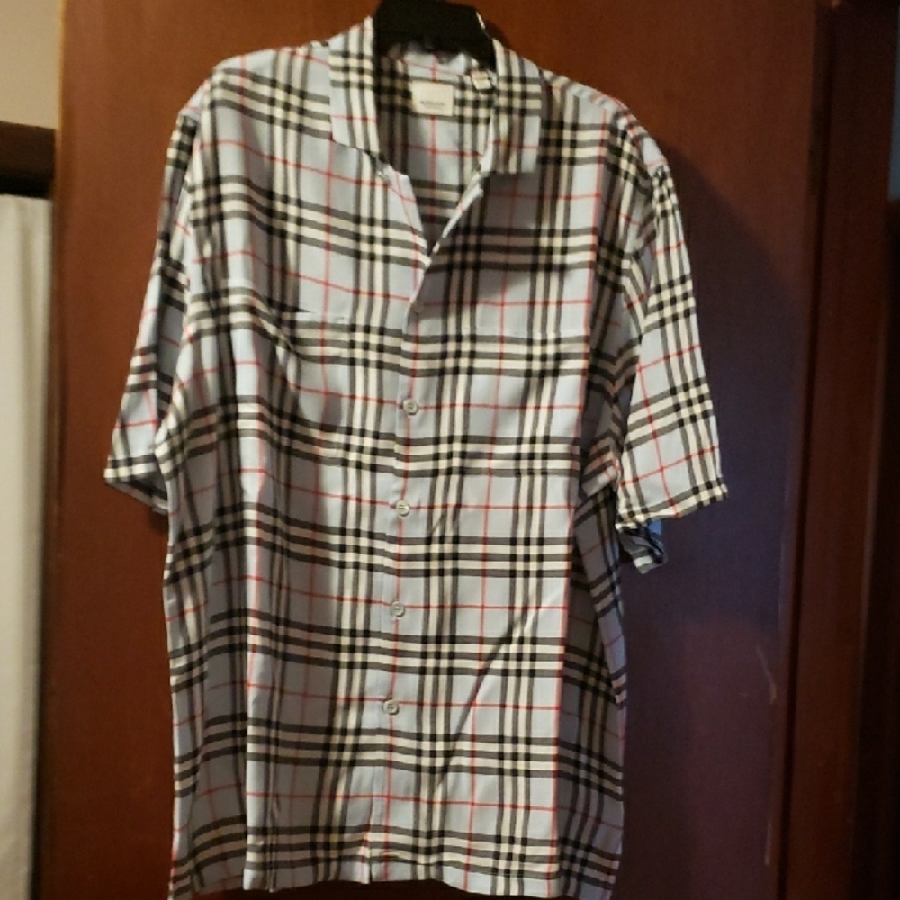 Men's 2X Burberry Shirt - Light Blue, Black, White, and Red